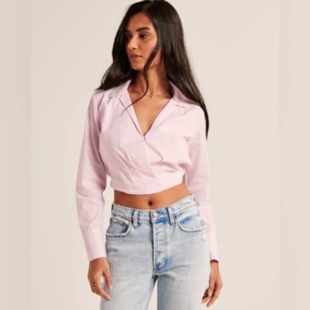 ABERCROMBIE & FITCH Long-Sleeve Poplin Wrap Modern-Oxford Top- Light Pink Size S
